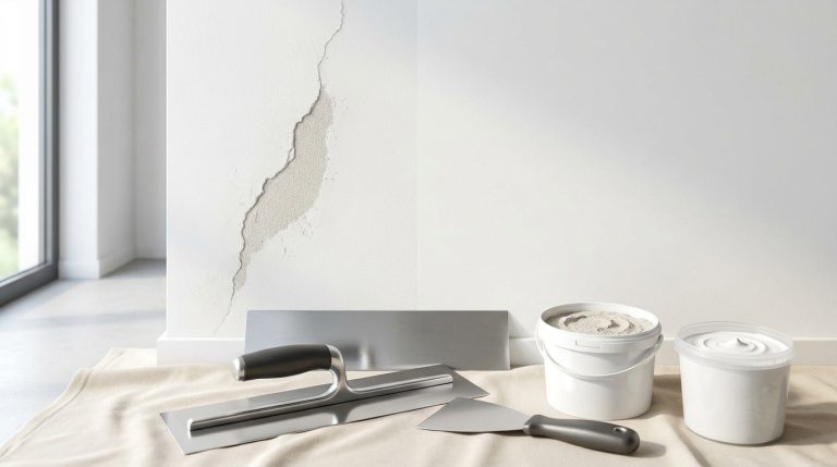 Mur partiellement endommagé, outils de plâtrier et deux types d'enduits pour lissage et rebouchage.