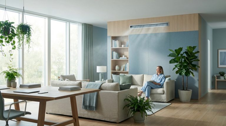 Grand salon lumineux avec femme lisant, nombreuses plantes et système de rafraîchissement intégré. Ambiance calme.