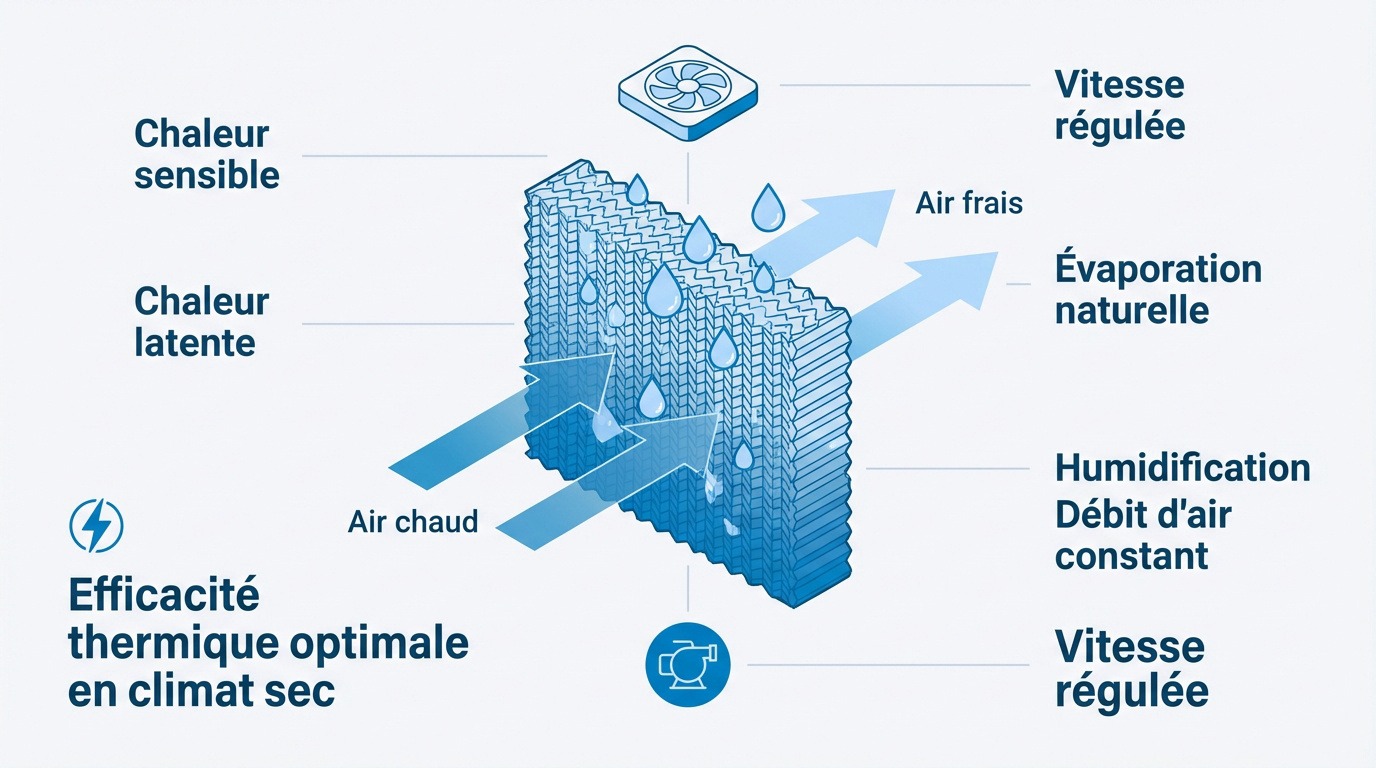 Schéma de fonctionnement du rafraîchissement adiabatique montrant l'air chaud traversant un média humide