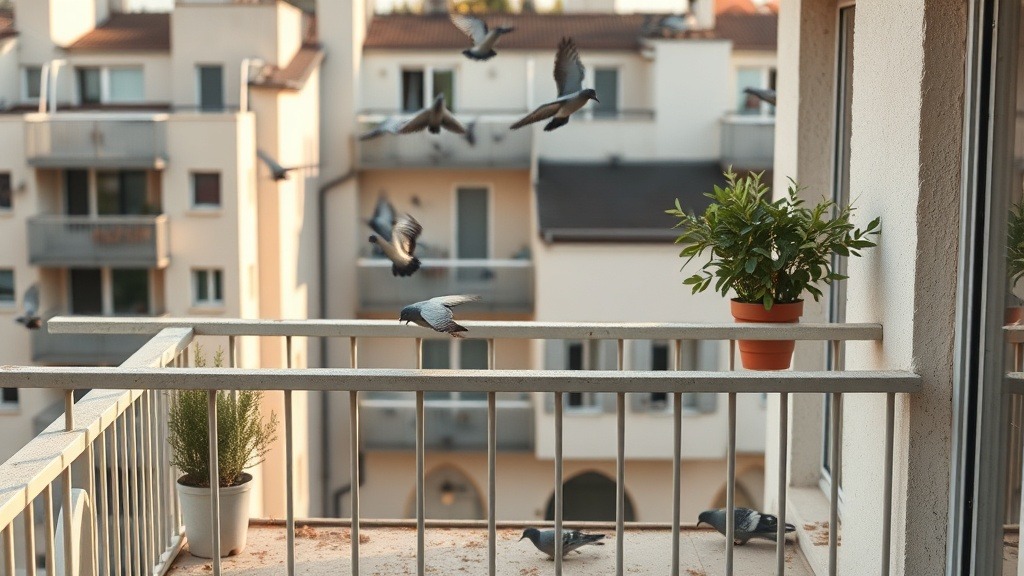Balcon d'appartement avec traces de fientes de pigeons