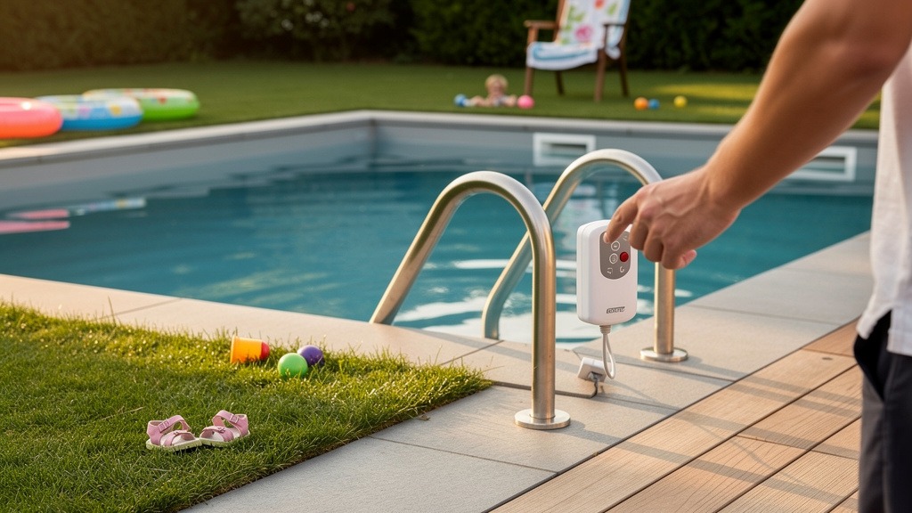 Propriétaire testant une alarme de piscine en présence de ses enfants dans le jardin