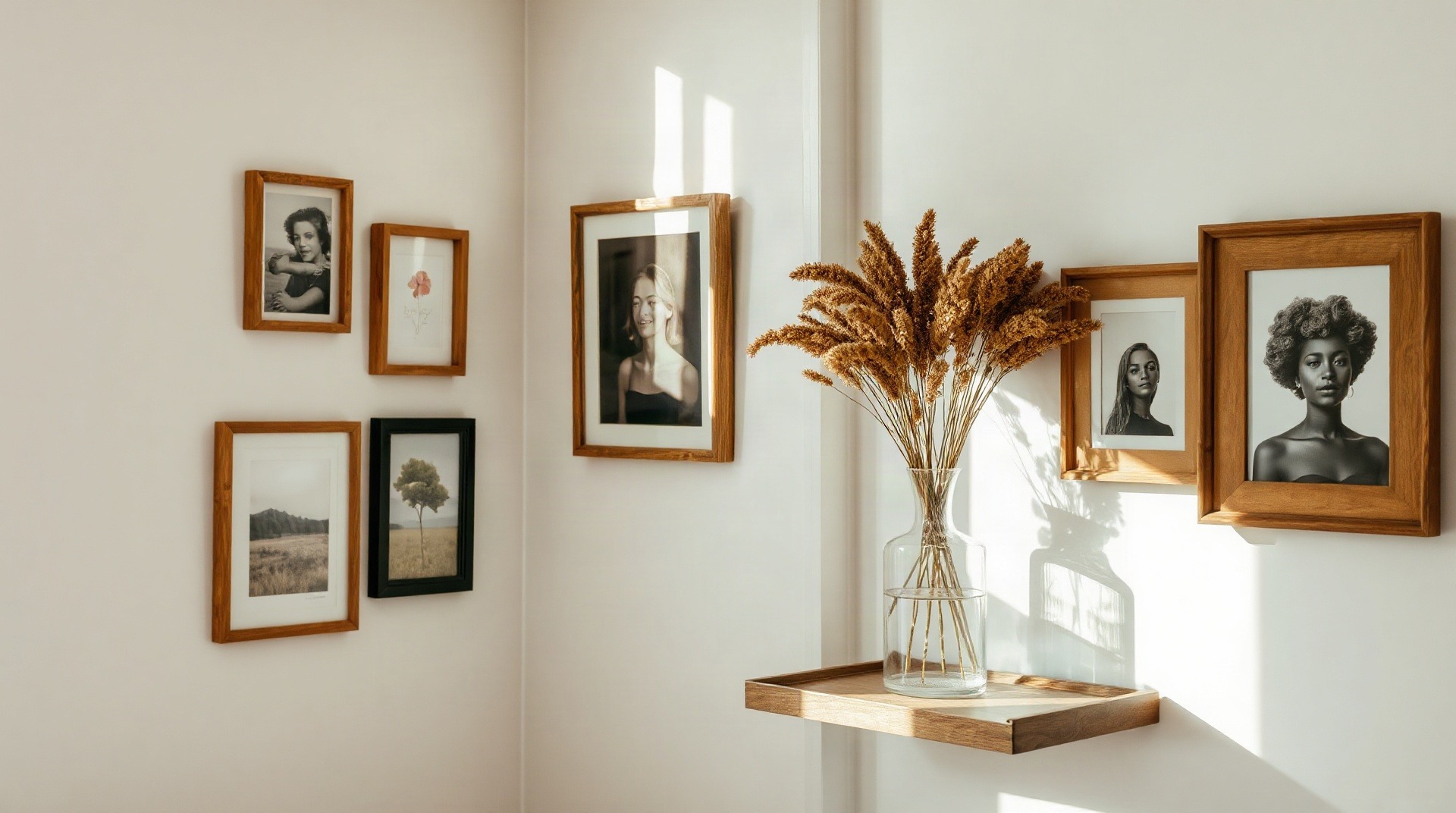 Composition murale de cadres et fleurs séchées dans une chambre