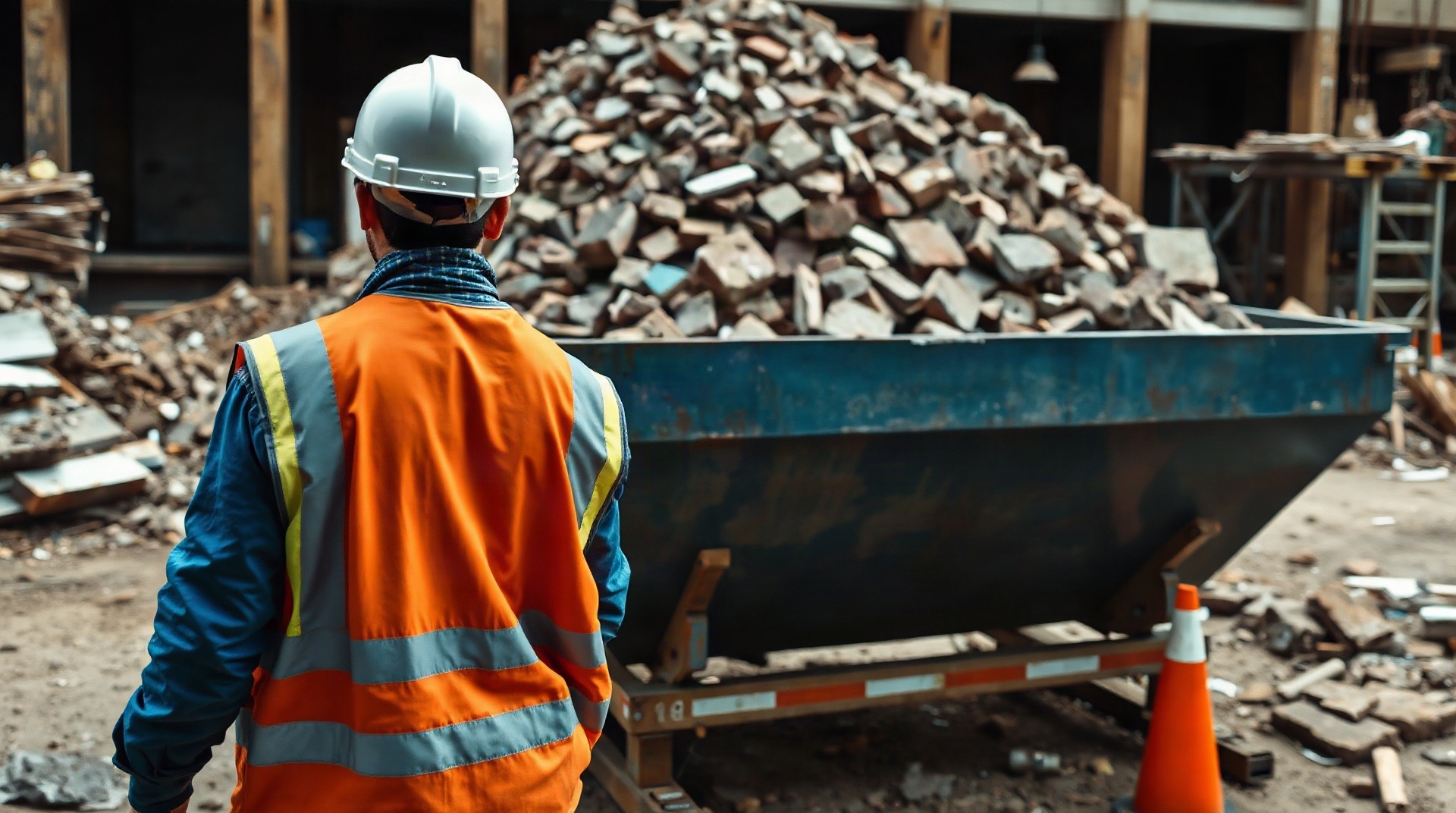 Benne à gravats remplie de débris de démolition sur un chantier