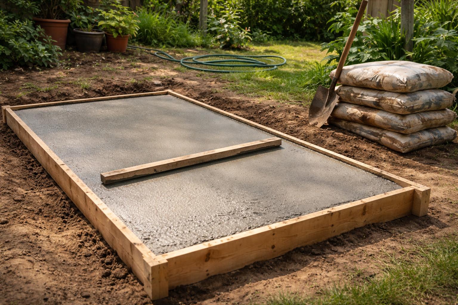 Coulage d'un socle béton pour PAC dans un jardin