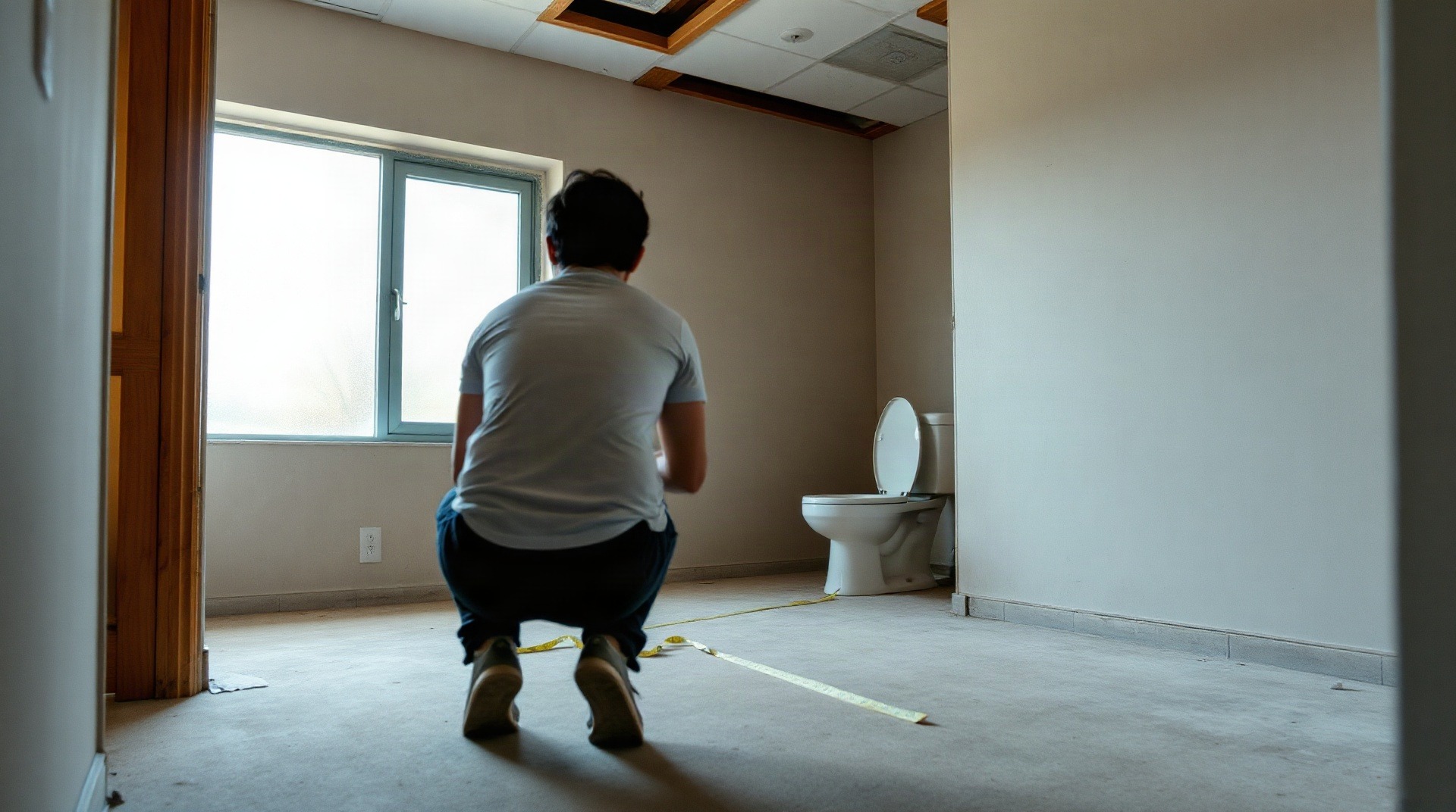 Couple mesurant les dimensions d'une salle de bain à rénover
