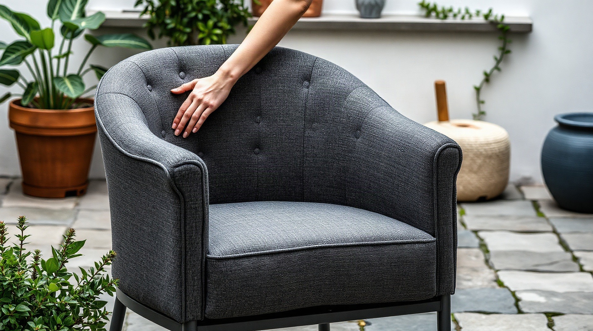 Gros plan sur du textilène tendu sur un fauteuil de jardin