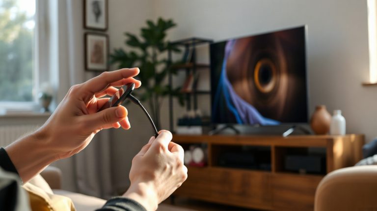 Caster son téléphone sur sa TV sans WiFi : 3 méthodes qui marchent Main tenant un adaptateur USB-C vers HDMI devant un téléviseur allumé