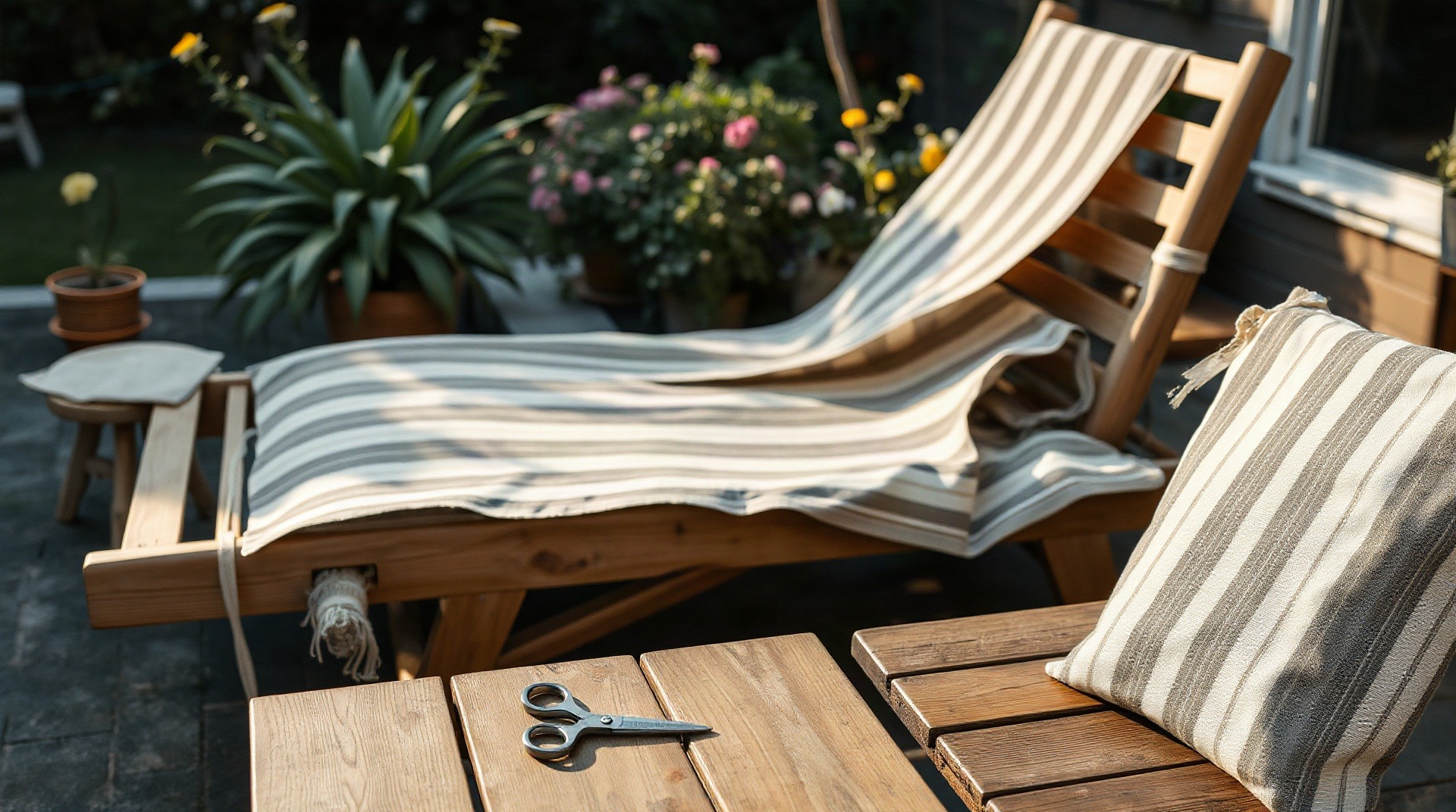 Pose d'une nouvelle toile sur un transat de jardin