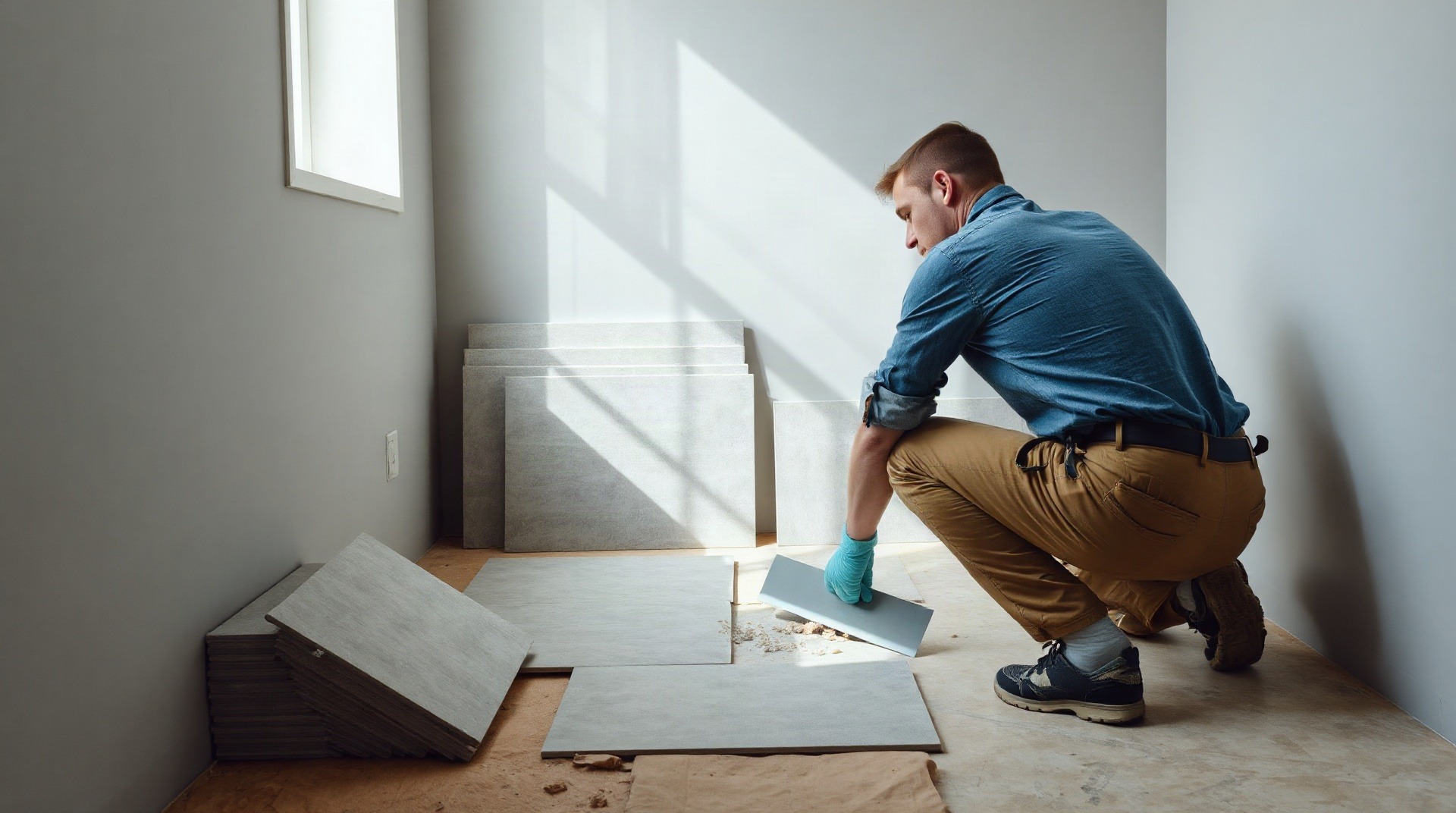 Pose de carrelage dans une salle de bain en rénovation