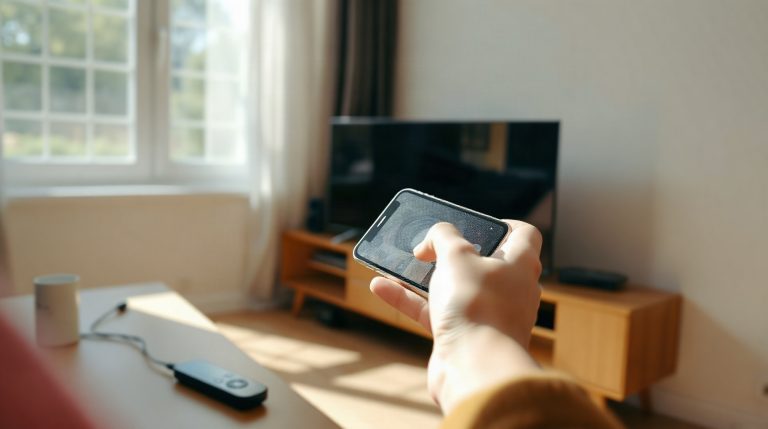 Comment utiliser Chromecast avec les données mobiles : guide complet 2026 Smartphone en partage de connexion relié à un Chromecast branché sur une télévision