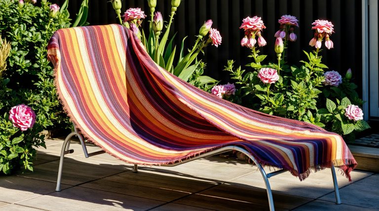 Quel tissu pour refaire un transat : guide complet 2026 Toile de transat en textilène dans un jardin