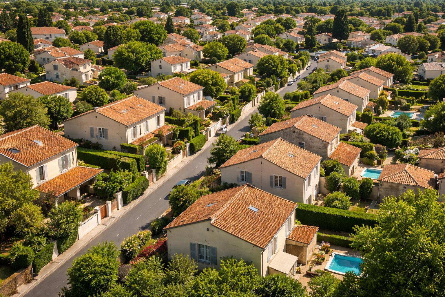 Vue aérienne d'un quartier pavillonnaire ensoleillé